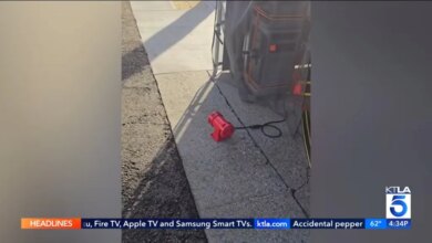 A red siren connected by a black cord, sitting on a concrete sidewalk next to the road.