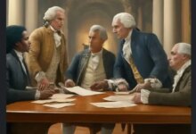 Illustration of Founding Fathers including a Black man in a modern-style suit.