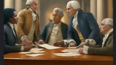 Illustration of Founding Fathers including a Black man in a modern-style suit.