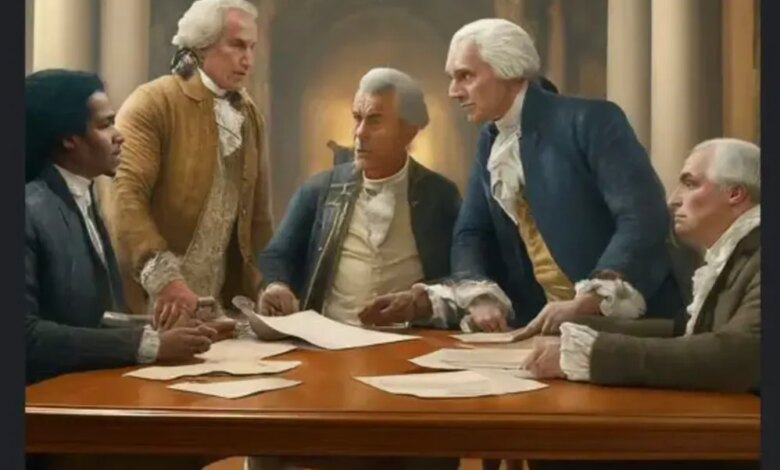 Illustration of Founding Fathers including a Black man in a modern-style suit.