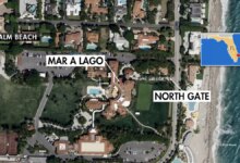 Mar-a-Lago club aerial view showing the main estate buildings, green lawns, and the north gate entrance in Palm Beach.