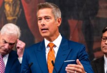 Transportation Secretary Sean Duffy speaks at a press conference with Rep. Tom Emmer and House Speaker Mike Johnson about air traffic controller pay during the government shutdown.