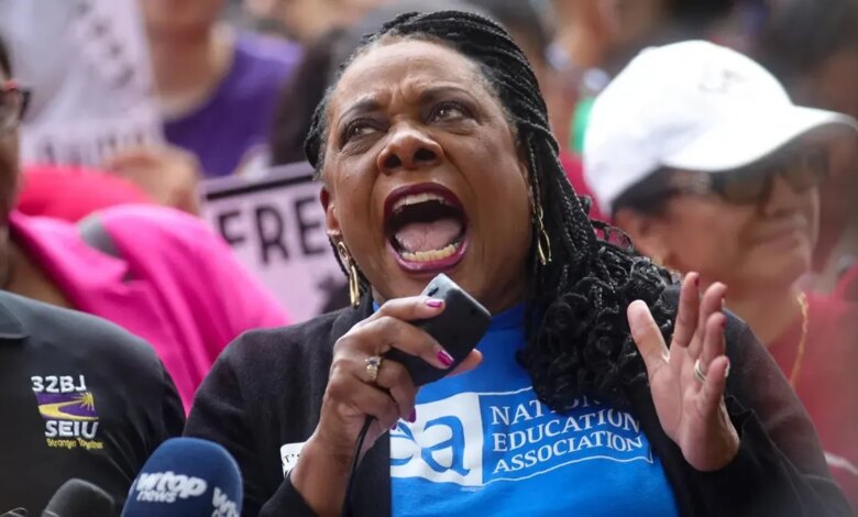 NEA president becky pringle speaking at protest event