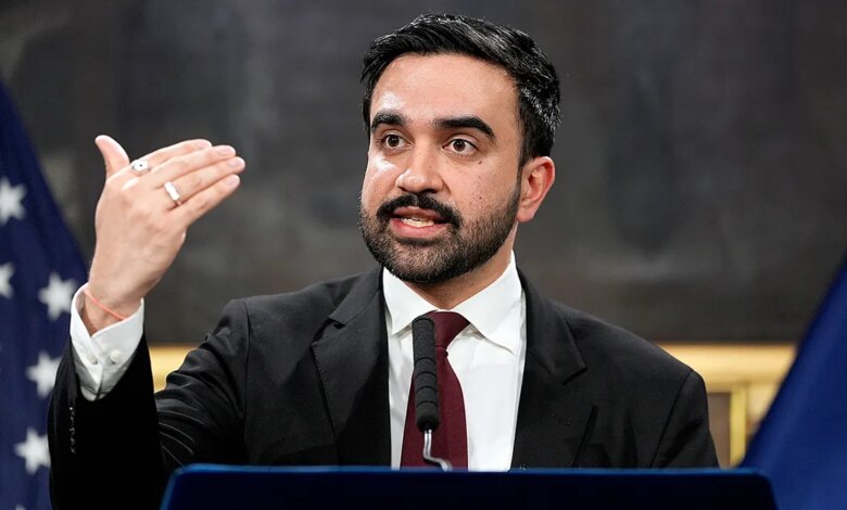 NYC Mayor Zohran Mamdani speaks at a podium.
