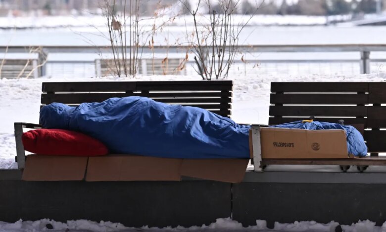 A homeless person sleeping on a park bench covered in a blue tarp with a red pillow, surrounded by snow.