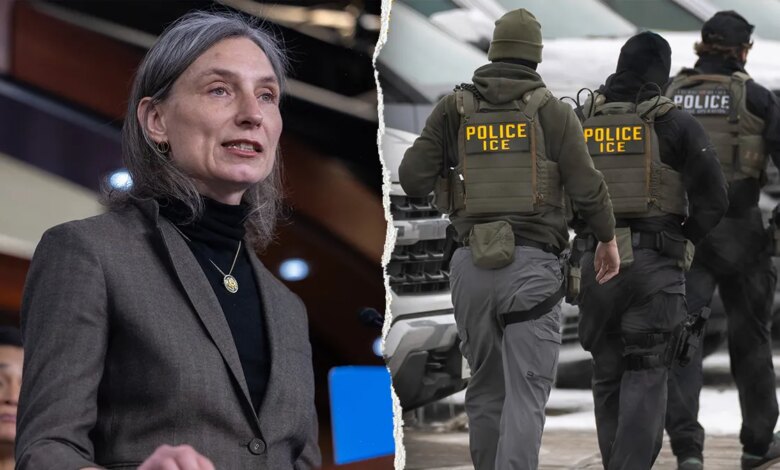 Rep. Maxine Dexter calls ICE enforcement 'terrorism' at town hall 1 Maxine Dexter, left, pictured alongside a group of ICE agents, right.