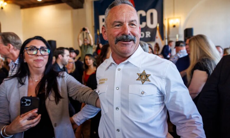 Riverside County Sheriff Chad Bianco speaking to attendees after announcing his bid for governor.