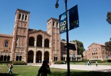 People walking on the plaza outside Royce Hall on the UCLA campus.