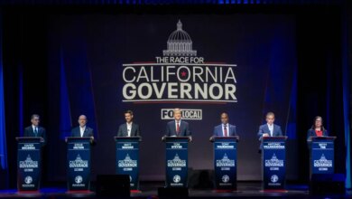 California gubernatorial candidates Xavier Becerra, Steve Hilton, Matt Mahan, Tom Steyer, Tony Thurmond, Antonio Villaraigosa, and Betty Yee at a debate in San Francisco.