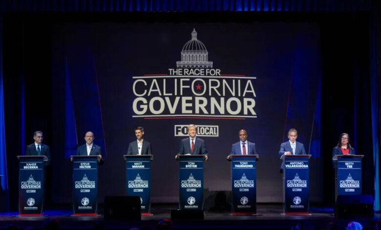 California gubernatorial candidates Xavier Becerra, Steve Hilton, Matt Mahan, Tom Steyer, Tony Thurmond, Antonio Villaraigosa, and Betty Yee at a debate in San Francisco.