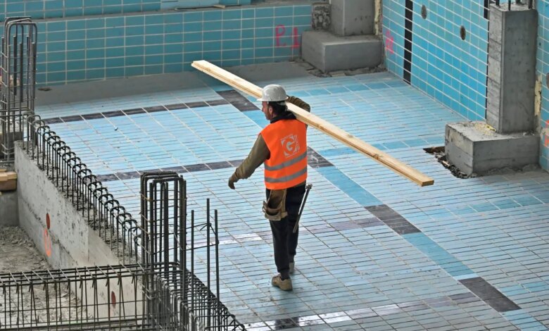 the true 'Jim Crow 2.0' 1 A construction worker in a hard hat and safety vest carries a wooden plank across a partially tiled swimming pool undergoing renovation.
