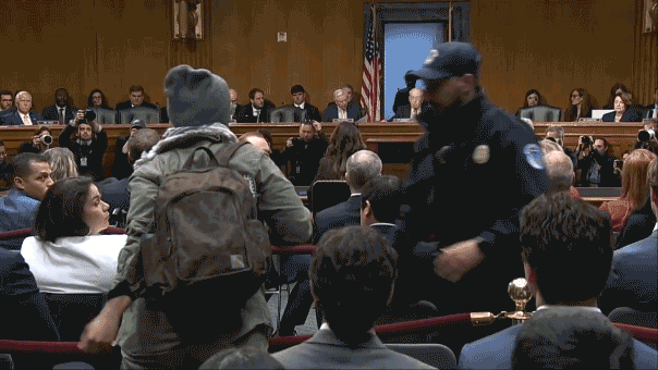Protester dragged out of Noem hearing