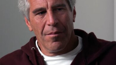 Jeffrey Epstein in a maroon Harvard University hoodie.