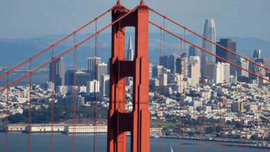 The San Francisco skyline and Golden Gate Bridge from Marin Headlands.
