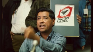 Cesar Chavez speaking to the press in Los Angeles.
