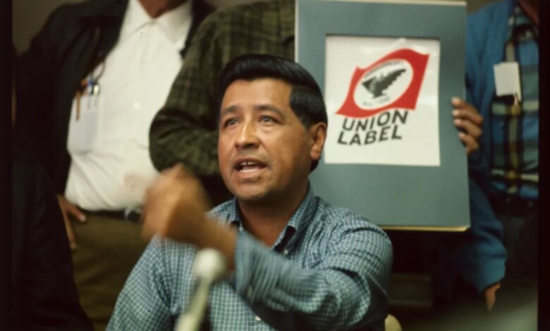 Cesar Chavez speaking to the press in Los Angeles.