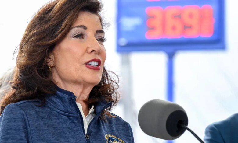 Governor Kathy Hochul speaking at an event about rising gas prices.