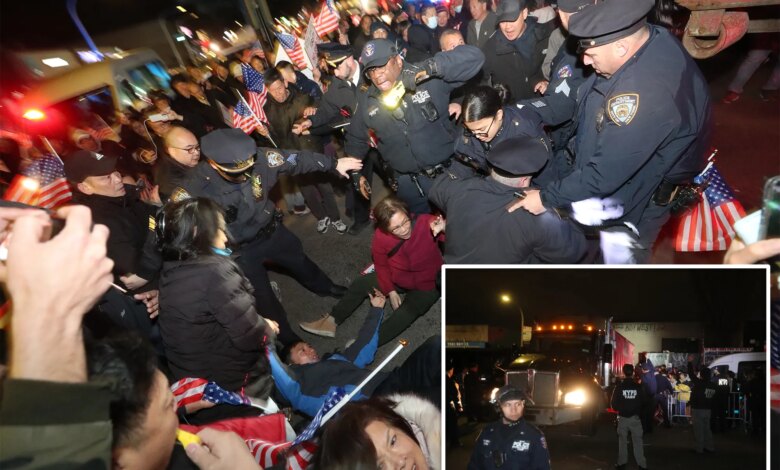 Hundreds of protesters swarm proposed NYC men’s homeless shelter site, physically block construction truck
