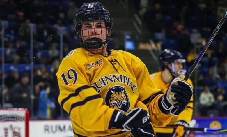 Long Island college hockey prodigy Ethan Wyttenbach of Quinnipiac, which is ranked No. 7 in the country, pictured earlier this season.