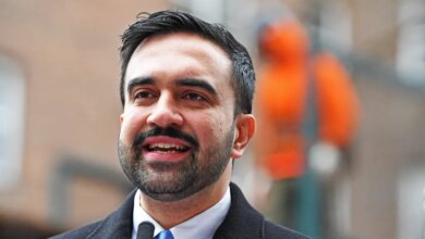 NYC Mayor Zohran Mamdani speaking at a press conference to announce plans to dismantle scaffolding.
