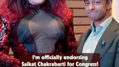 A drag queen in a red sequined dress endorsing Saikat Chakrabarti for Congress.