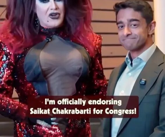 A drag queen in a red sequined dress endorsing Saikat Chakrabarti for Congress.