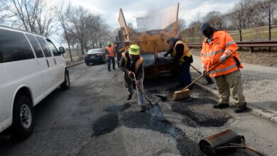 NYC DOT crew repairing potholes along Cropsey Avenue in Brooklyn.