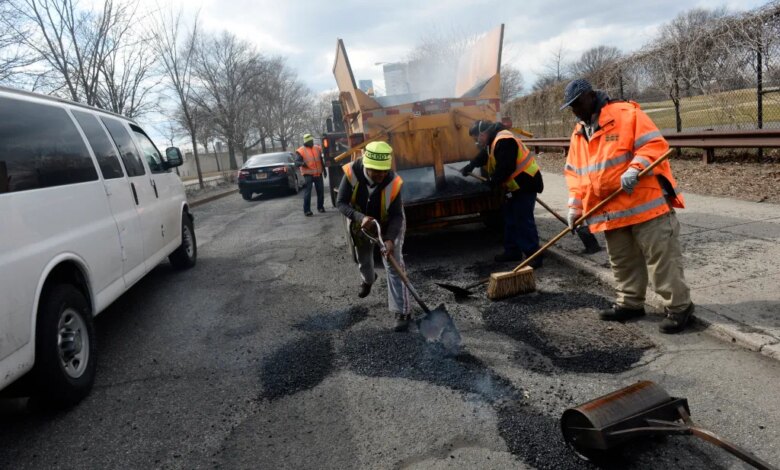 NYC DOT crew repairing potholes along Cropsey Avenue in Brooklyn.