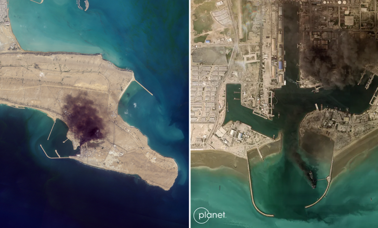 A side by side photo shows satellite imagery of damaged Iranian naval bases.