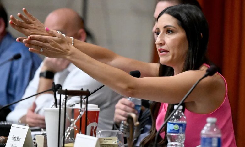 Chino Valley Unified School District President Sonja Shaw speaking at a school board meeting.