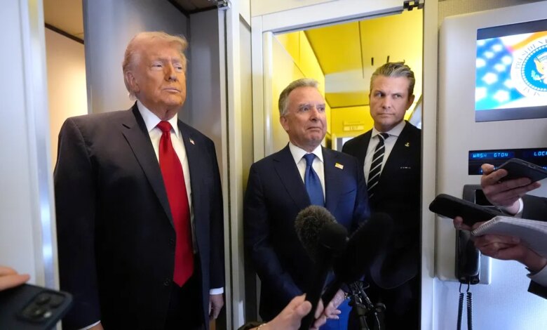 Trump, Steve Witkoff and Pete Hegseth during an AF1 Gaggle