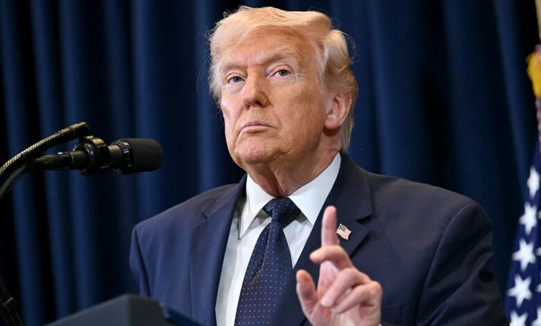 President Donald Trump is seen listening to a question during a press conference in Florida.