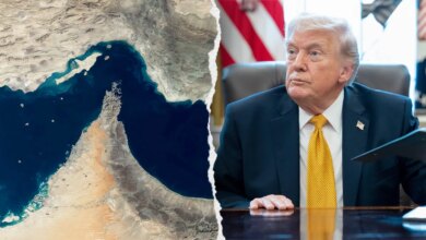 A split image featuring an aerial satellite view of the Strait of Hormuz and President Donald Trump seated at a desk.