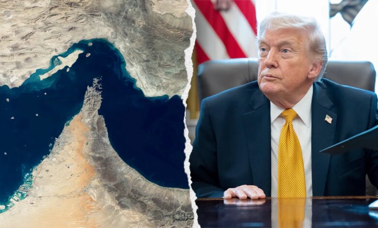 A split image featuring an aerial satellite view of the Strait of Hormuz and President Donald Trump seated at a desk.