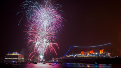 Fireworks explode in the sky over Long Beach, California.