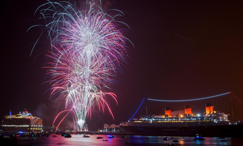 Fireworks explode in the sky over Long Beach, California.