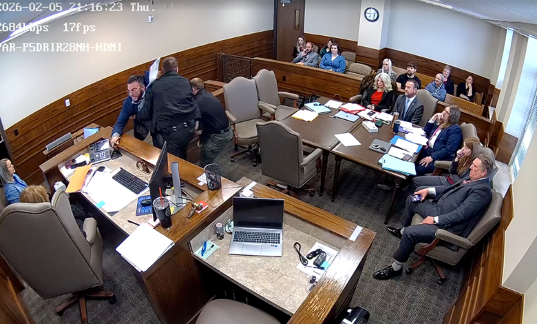 Rob Hopkins, a transgender lawyer in Oklahoma, was jailed for contempt during a procedural hearing in Ada, Oklahoma, last month after a viral meltdown. Surveillance footage and images provided by Oklahoma District Attorney's Office, 22nd Prosecutorial District.