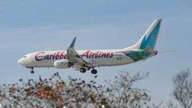 A Caribbean Airlines Boeing 737 lands at John F. Kennedy International Airport on Feb. 13, 2020.