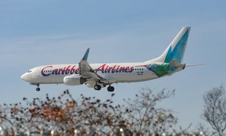 A Caribbean Airlines Boeing 737 lands at John F. Kennedy International Airport on Feb. 13, 2020.