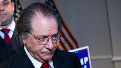A photo of Joe diGenova following a news conference at the RNC.