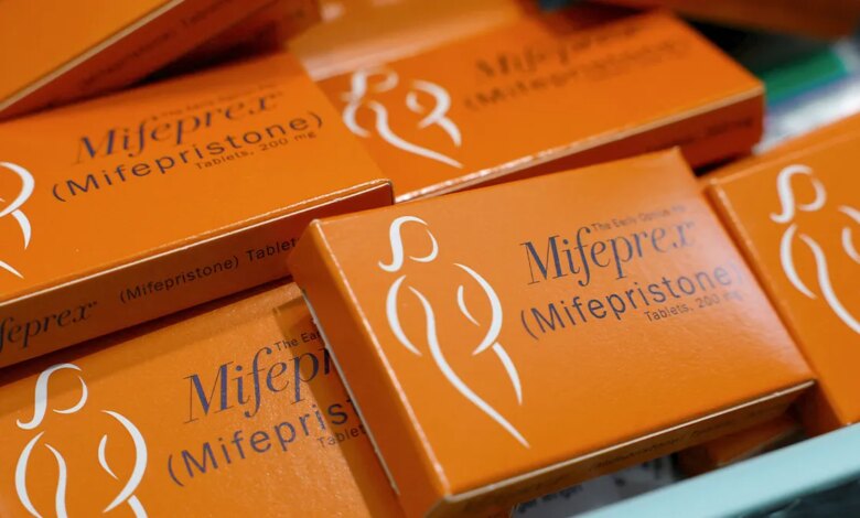 Boxes of Mifepristone medication in a container at Alamo Women's Clinic in Carbondale, Ill.