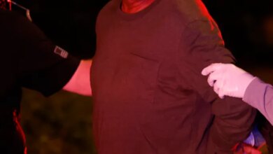 Gladwin Gill, who operates St. Francis Palliative Care in Anaheim, is apprehended by law enforcement agents.