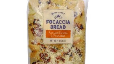 Trader Joe's Focaccia Bread, Roasted Tomato & Parmesan, in a plastic package.