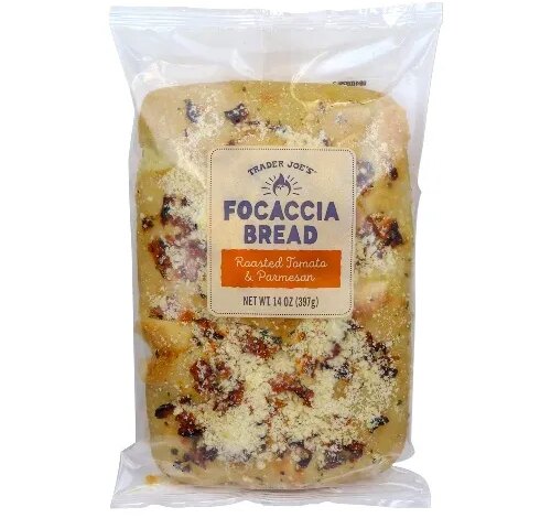 Trader Joe's Focaccia Bread, Roasted Tomato & Parmesan, in a plastic package.