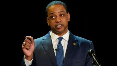 Lt. Gov. Justin Fairfax gesturing during a debate at Virginia State University in Petersburg, Va.