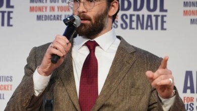 Hasan Piker speaks at a campaign rally for Abdul El-Sayed, a progressive candidate in the Democratic primary for U.S. Senate in Michigan, Tuesday, April 7, 2026, at the University of Michigan.