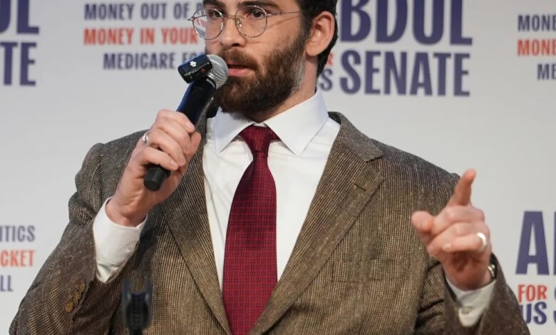 Hasan Piker speaks at a campaign rally for Abdul El-Sayed, a progressive candidate in the Democratic primary for U.S. Senate in Michigan, Tuesday, April 7, 2026, at the University of Michigan.