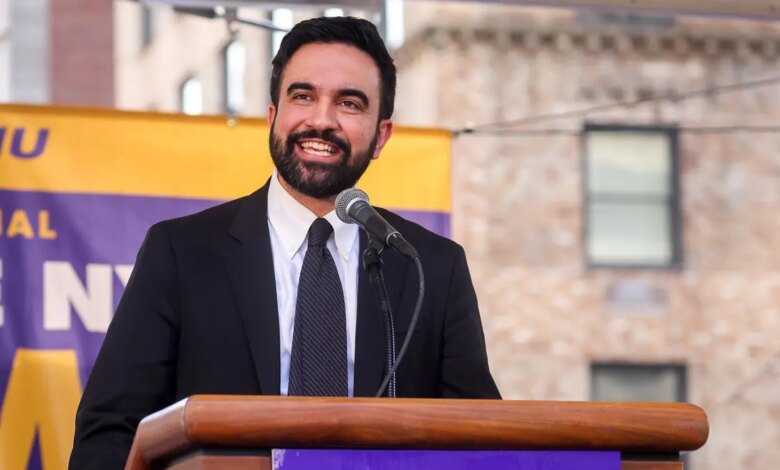 Zohran Mamdani speaking during a rally