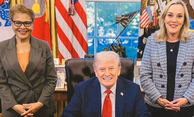 Los Angeles Mayor Karen Bass, LA Supervisor Kathryn Barger and President Donald Trump