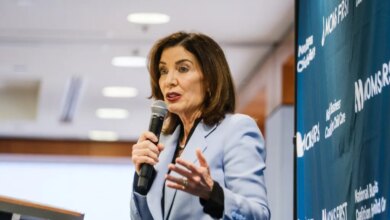 Gov. Kathy Hochul speaking at an event in her Midtown office on April 15, 2026.